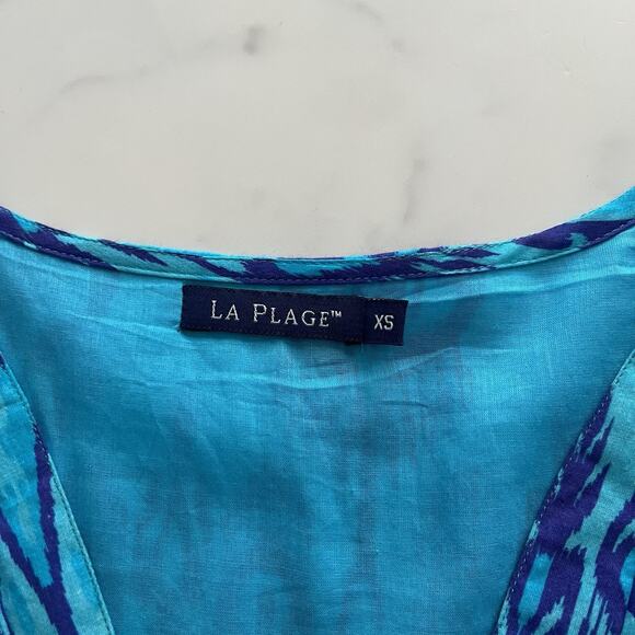 La Plage Bailey Tiered Maxi Dress Cotton Batik Leaf Blue coastal Boho Size XS - Picture 3 of 11